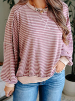 Load image into Gallery viewer, Pink Stripe Round Neck Long Sleeve Top Women N6B077