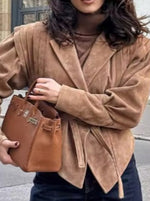 Load image into Gallery viewer, Waist Tie Suede Jacket Women Multiple Colors N5A569