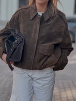 Load image into Gallery viewer, Brown Suede like Aviator Jacket Women Loose Fit Notch N5A745