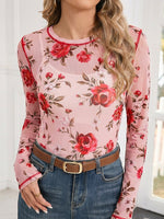 Load image into Gallery viewer, Floral Print Round Neck Long Sleeve Top Women Pink N6B089