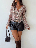 Load image into Gallery viewer, V Neck Tie Detail Floral Print Chiffon Blouse Women N6B102