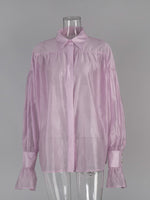 Load image into Gallery viewer, French Satin Flounce Sleeve Lightweight Blouse Women N6D037