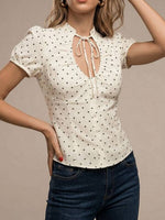 Load image into Gallery viewer, Polka Dot Tie Waist Short Sleeve Shirt Women N6E149