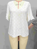 Load image into Gallery viewer, Knit Embroidered Cutout V-Neck Ruffle Top N6F194