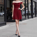 Load image into Gallery viewer, Red Off Shoulder Bow Pleated Evening Dress Women N5A921