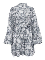Load image into Gallery viewer, Ink Print Puff Sleeve Stand Collar A-line Dress Women N6C190