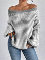 Load image into Gallery viewer, Off Shoulder Stripe Knit Sweater Drop Sleeve Women N6B031