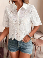 Load image into Gallery viewer, Sheer Crochet Notched Collar Blouse Women N6A187