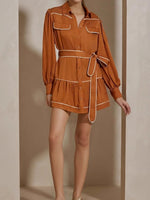 Load image into Gallery viewer, Caramel Contrast Topstitch Belted Satin Shirt Dress N6A093