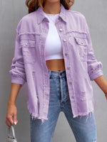 Load image into Gallery viewer, Distressed Denim Jacket Mid Length Raw Hem N5Z166
