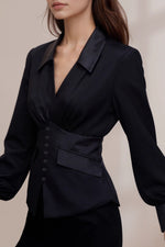Load image into Gallery viewer, Black V Neck Ruffle Blouse Women French Style N5A708