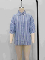 Load image into Gallery viewer, Blue Striped Mid Length Sleeve Blouse Women Vacation N6F229