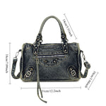 Load image into Gallery viewer, Women's Vintage Denim Studded Moto Tote Bag N6J198