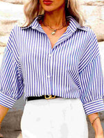 Load image into Gallery viewer, Blue Striped Mid Length Sleeve Blouse Women Vacation N6F229