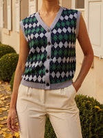 Load image into Gallery viewer, Vintage Jacquard Knit Vest V Neck Button N6A166