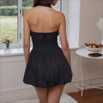 Load image into Gallery viewer, Black Halter Smocked Puff Mini Dress Women N5A934