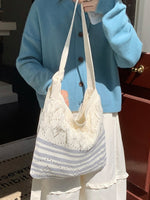 Load image into Gallery viewer, Striped Color Block Fringe Knit Crossbody Tote Bag N6C055