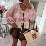 Load image into Gallery viewer, Striped Bow Tie Cardigan Women V Neck Loose Knit N5A842