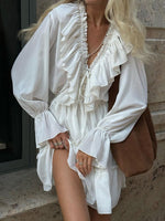 Load image into Gallery viewer, V-neck Ruffle Sleeve Flared Hem Dress Women N6C191