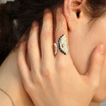 Load image into Gallery viewer, Matte Water Ripple Black Agate Open Ring Women S5P916