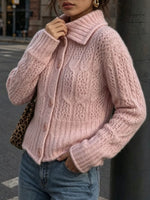 Load image into Gallery viewer, Cable-Knit Polo Collar Openwork Button Cardigan Women N6H284