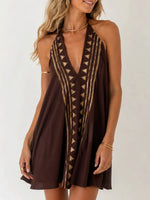 Load image into Gallery viewer, Brown Deep V Halter Backless Mini Dress Beach N6F261
