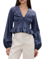 Load image into Gallery viewer, Soft V Neck Ruffle Shirt Women Navy Blouse N5A057