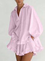 Load image into Gallery viewer, Striped Puff Sleeve Lapel Shirt and Shorts Set Women N6C188