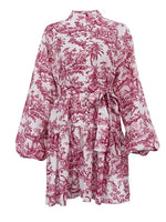 Load image into Gallery viewer, Ink Print Puff Sleeve Stand Collar A-line Dress Women N6C190