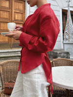 Load image into Gallery viewer, Tie Waist Scarf Collar Cotton Blouse Women Office N6A182