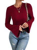 Load image into Gallery viewer, Burgundy Round Neck Bell Sleeve T Shirt Women N6B063
