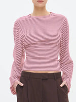 Load image into Gallery viewer, Striped Waist Tie Cropped Long Sleeve Tee Women N6B080