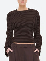 Load image into Gallery viewer, Striped Waist Tie Cropped Long Sleeve Tee Women N6B080