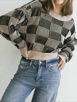 Load image into Gallery viewer, Checkered Knit Sweater Round Neck Long Sleeve N6B038