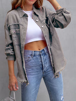 Load image into Gallery viewer, Distressed Denim Jacket Mid Length Raw Hem N5Z166