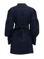 Load image into Gallery viewer, Denim Shirt Dress with Lantern Sleeve and Tie Belt N6C194