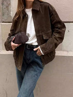 Load image into Gallery viewer, Brown Suede like Aviator Jacket Women Loose Fit Notch N5A745