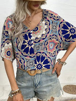 Load image into Gallery viewer, Ethnic Batwing Sleeve V-Neck T-shirt Women N6D102