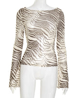 Load image into Gallery viewer, Animal Print Off Shoulder Long Sleeve Fitted Tee N6B081