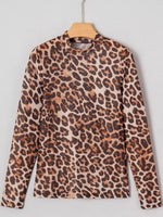 Load image into Gallery viewer, Leopard Print Fitted Long Sleeve Tee Women Brown N6B084