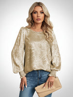 Load image into Gallery viewer, Gold Round Neck Long Sleeve Chiffon Top Women N6B069
