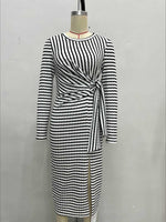 Load image into Gallery viewer, Black White Stripe Twist Knot Side Slit Bodycon Dress N6D208