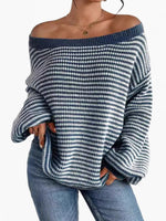 Load image into Gallery viewer, Off Shoulder Stripe Knit Sweater Drop Sleeve Women N6B031