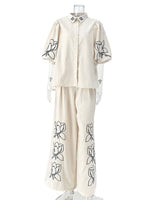 Load image into Gallery viewer, Embroidered Linen Wide Leg Pants Suit Women N6F188