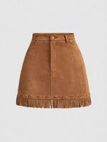 Load image into Gallery viewer, Retro Fringe Suede Panel Skirt Women Brown N6C107