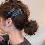 Load image into Gallery viewer, Bear Ball Tartan Hair Clip Women Blue Plaid Side S5P761