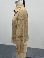 Load image into Gallery viewer, Beige Embroidered Eyelet Blouse Women N6D134