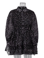 Load image into Gallery viewer, Leopard Print Chiffon Dress with Lapel and Puff Sleeve N6C192