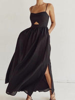 Load image into Gallery viewer, Black High Waist Spaghetti Strap French Midi Dress N6D090
