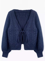 Load image into Gallery viewer, Cropped Ribbed Cardigan Bow Tie Lantern Sleeve Women N6B029